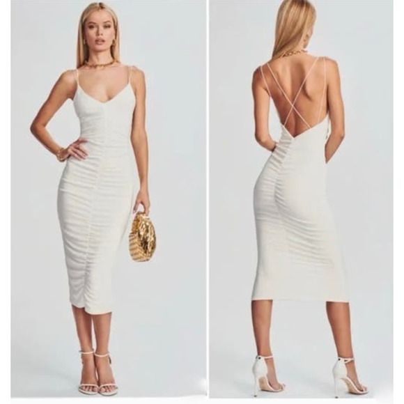 SER.O.YA Ballor Dress Crisscross Back Slinky Ruched Bodycon Midi NWT White Large - Picture 1 of 10